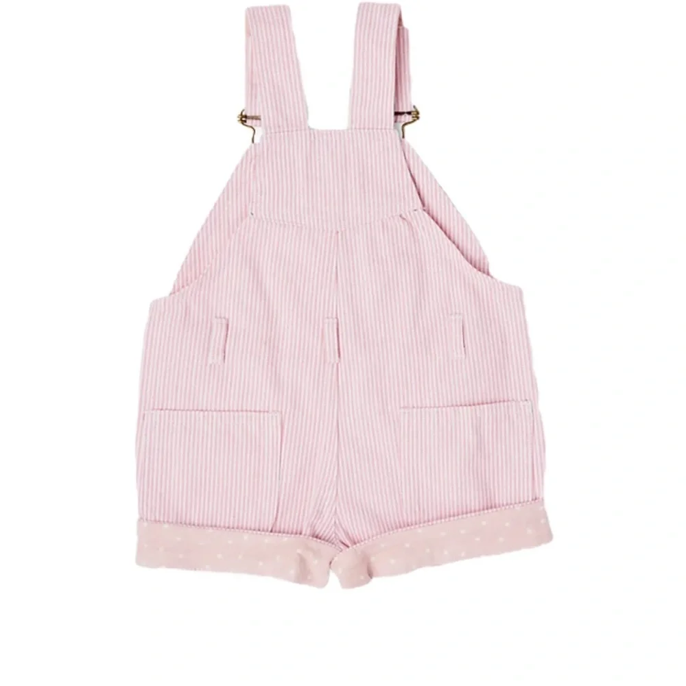 Dotty Dungarees Pink White Striped Cotton short Overalls Preppy 3-4 - Picture 2 of 8